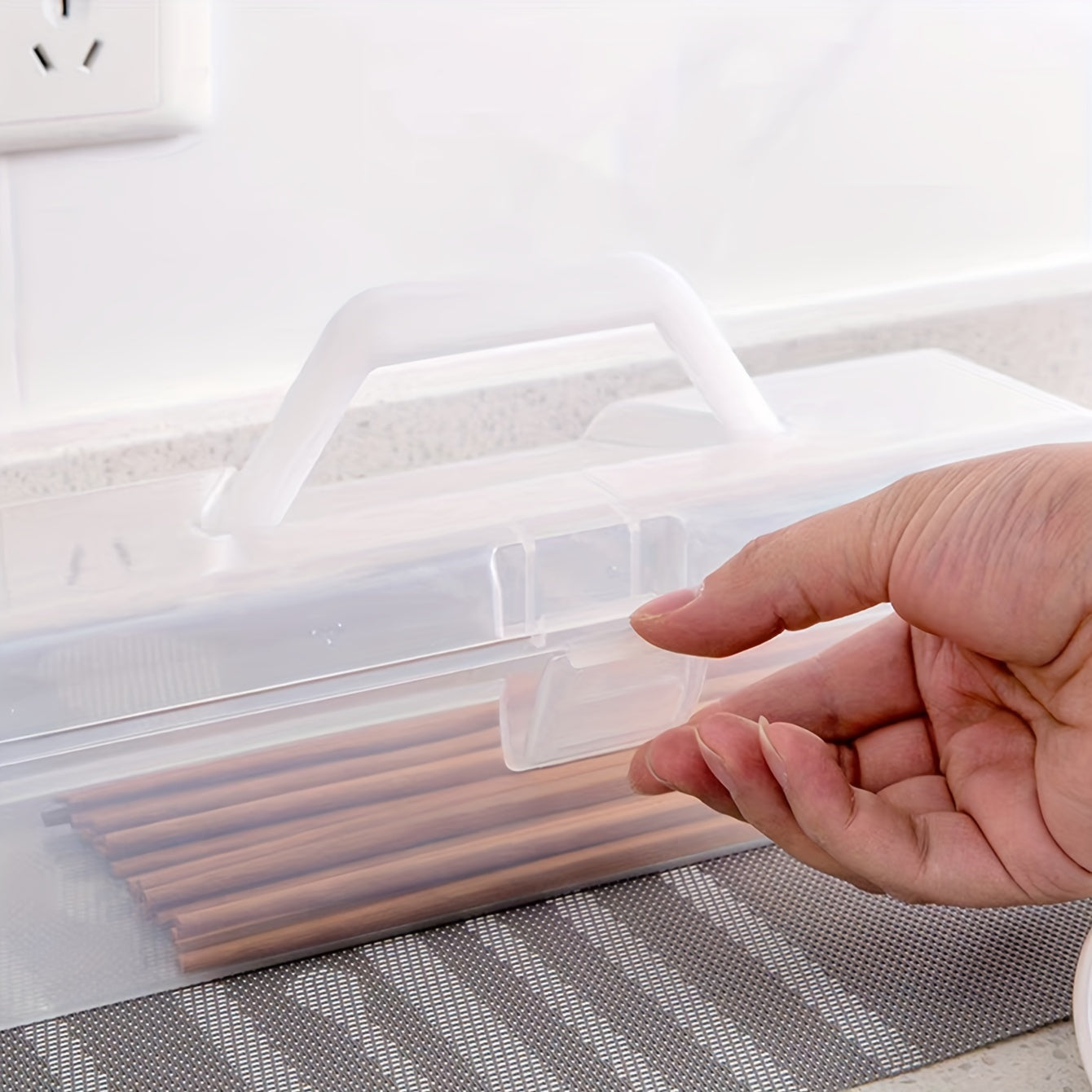 Organizador de utensilios de cocina de plástico con tapa para cubiertos y palillos