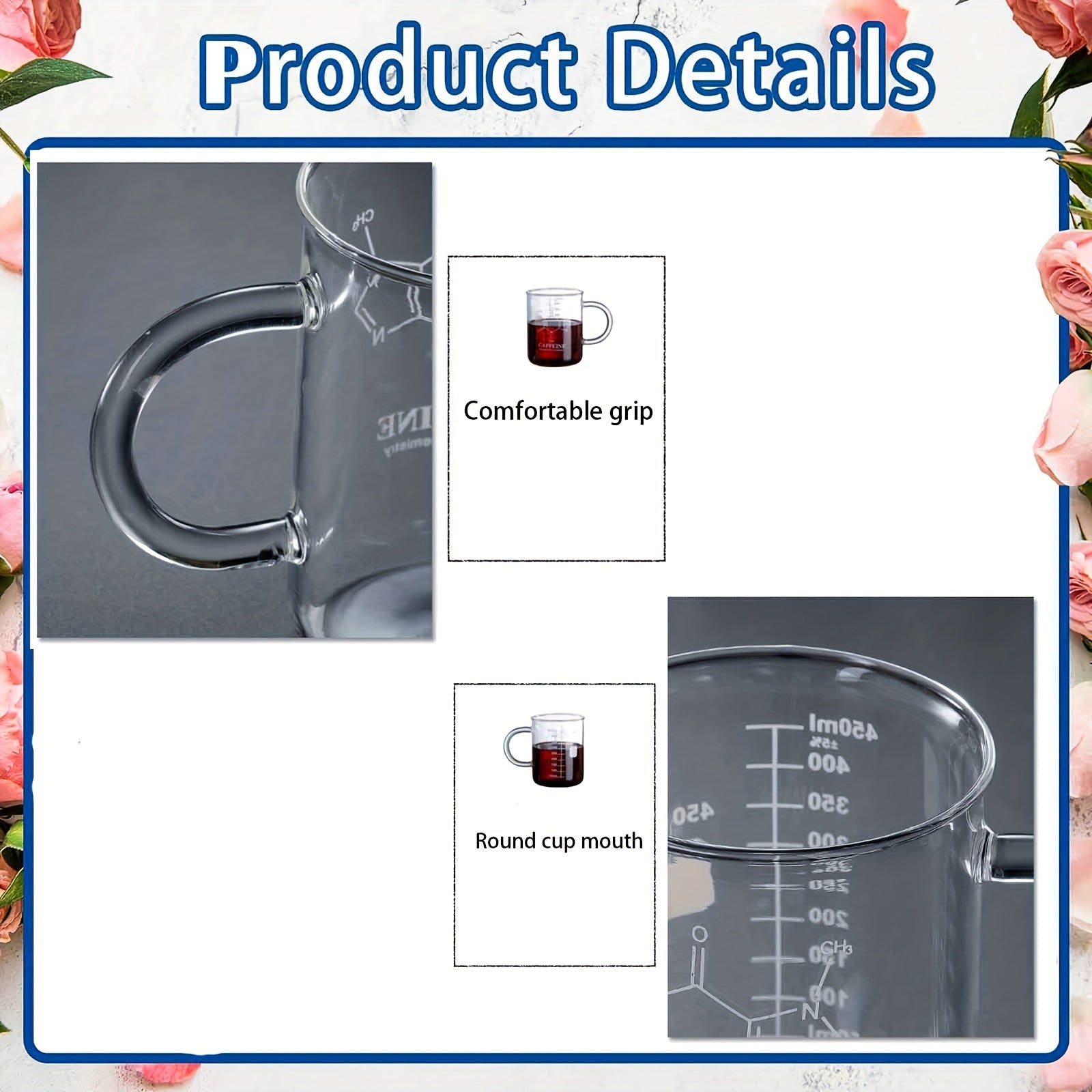 16 Oz Insulated Glass Coffee Mug with Handle and Measuring Markings for Hot and Cold Beverages