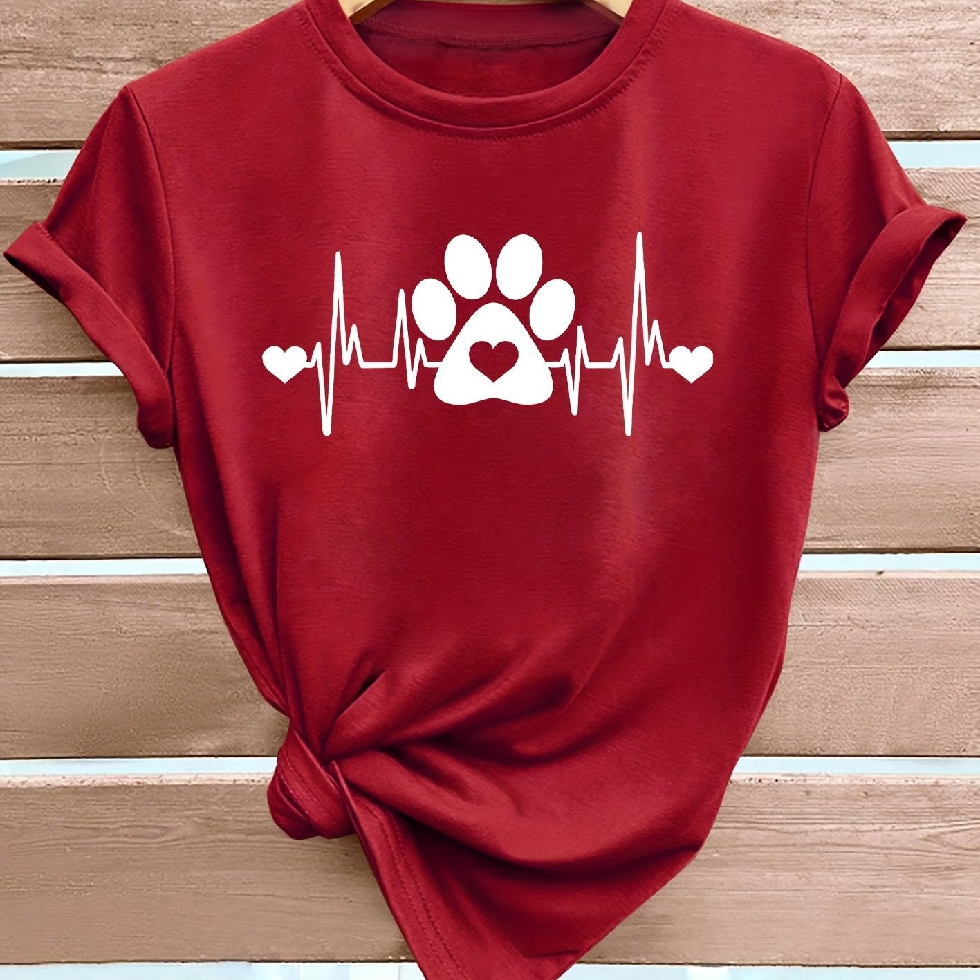 Women’s Casual Short Sleeve T-Shirt with Dog Paw Heart Print Plus Size Breathable Fabric
