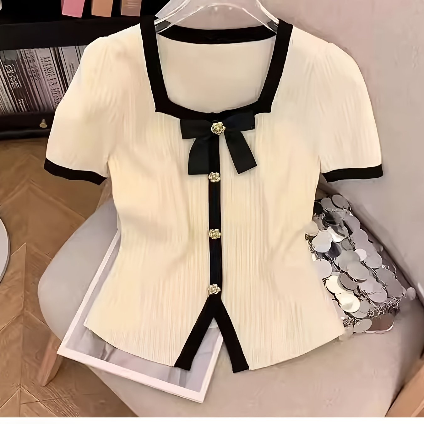 Plus Size Women's Square Neck Ice Silk Blouse with Bow Detail