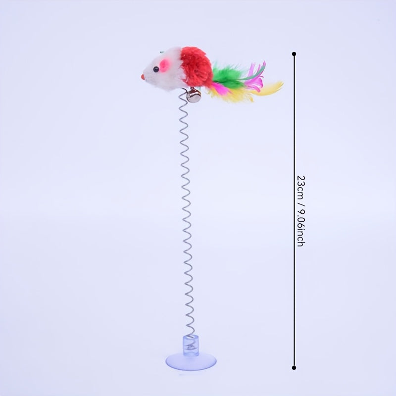 Cat Teaser Toy with Suction Cup Base Elastic Spring and Feathered Fish Attachment for Cats