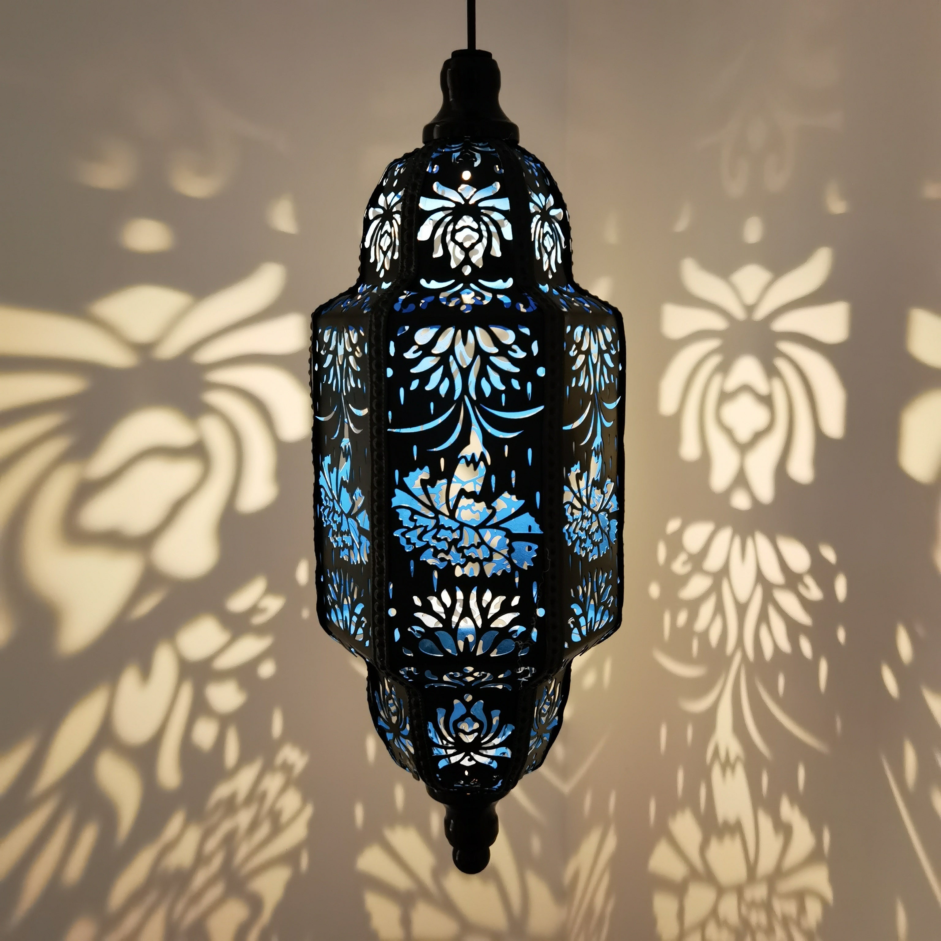 Moroccan Hexagonal Solar Lantern with Flower Projections for Outdoor Decoration