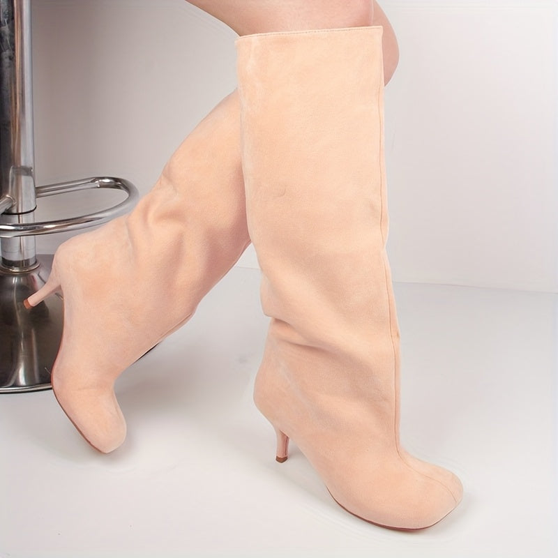 Women Beige Wide Calf Dress Boots Square Toe Slip-On High Heel