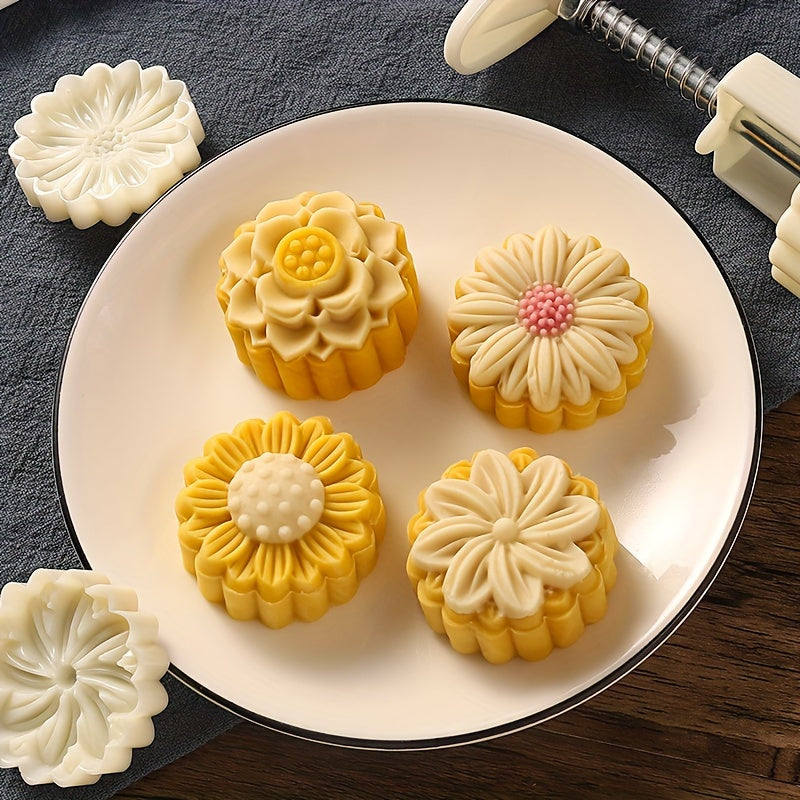 Flower Moon Cake Mold Set with 1 Mold and 4 Stamps for Mid Autumn Pastries