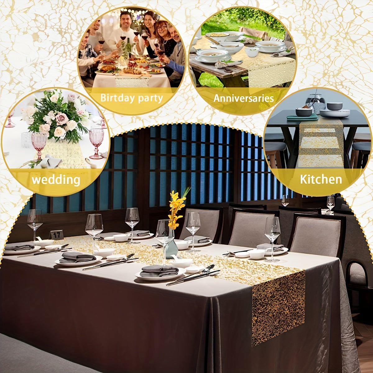 Golden Glitter Table Runner 274cm for Weddings Birthdays and Events