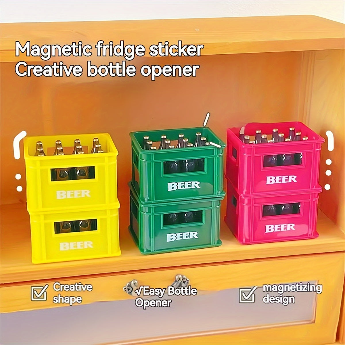 Magnetic Bottle Opener with Beer Crate Design and Refrigerator Magnet