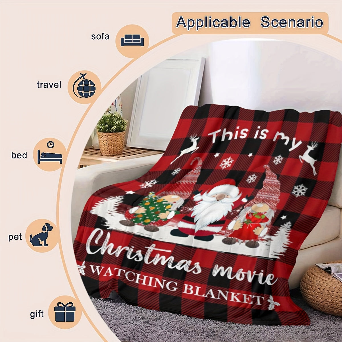 Reversible Flannel Fleece Christmas Blanket with Santa Print for Holiday Cozy Comfort