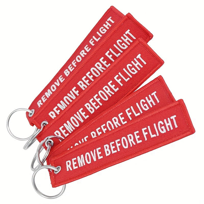 Set of 5 Red Remove Before Flight Embroidered Keychains and Luggage Tags