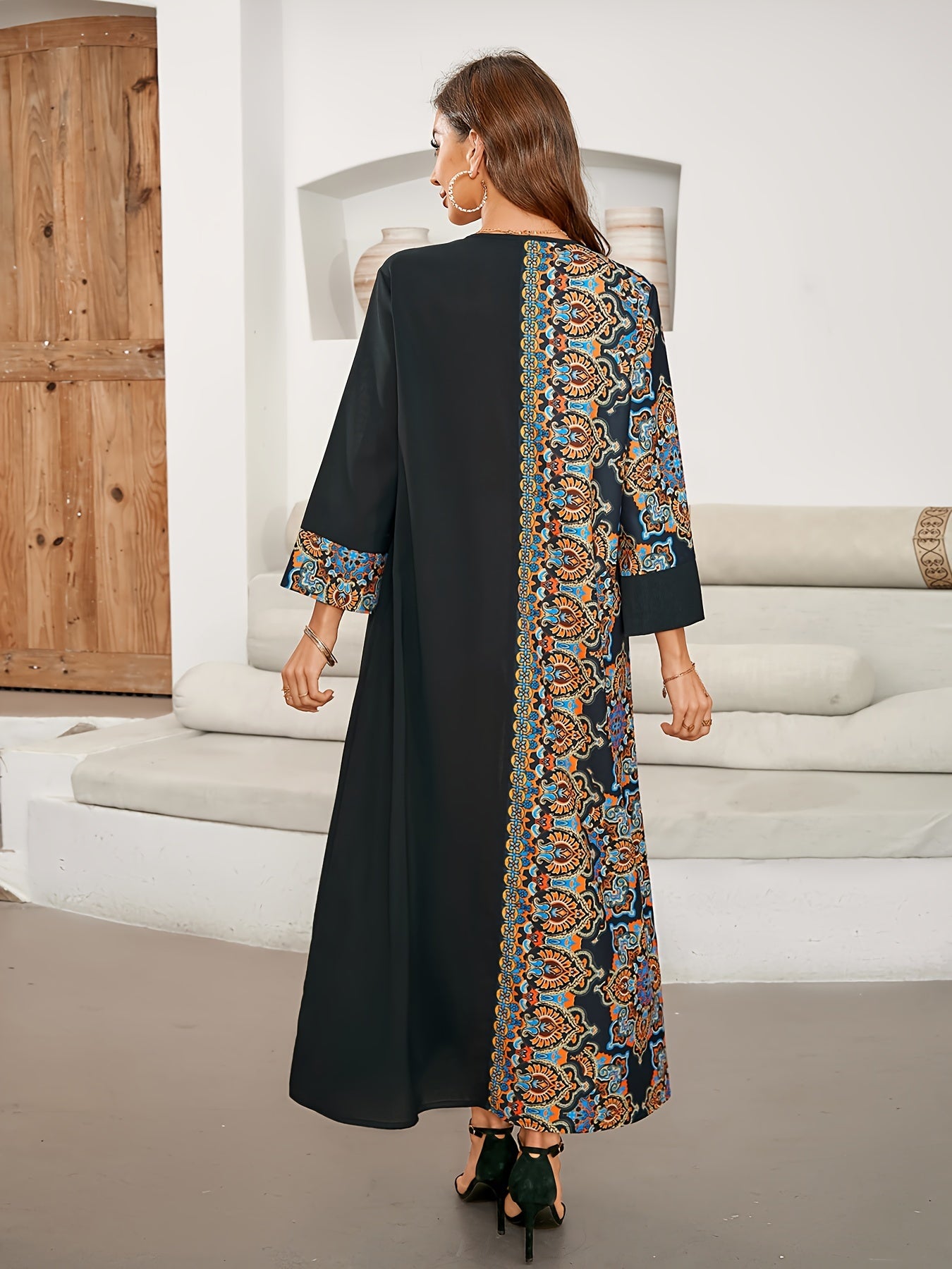 Black and Blue Floral Paisley Maxi Kaftan Dress for Women Polyester Spring Summer Fall