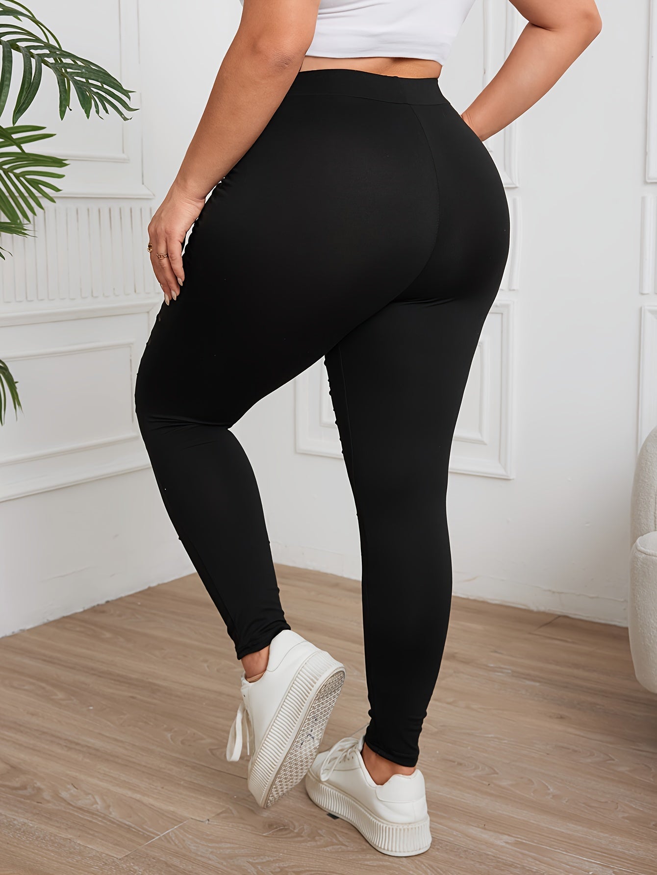 Women Plus Size High-Waisted Black Lace-Paneled Stretch Leggings