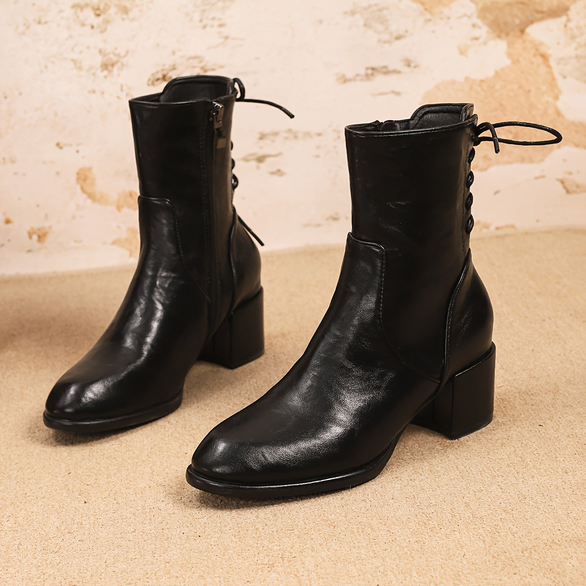 Women’s Synthetic Chunky Heel Ankle Boots with Zipper and Lace-Up Back