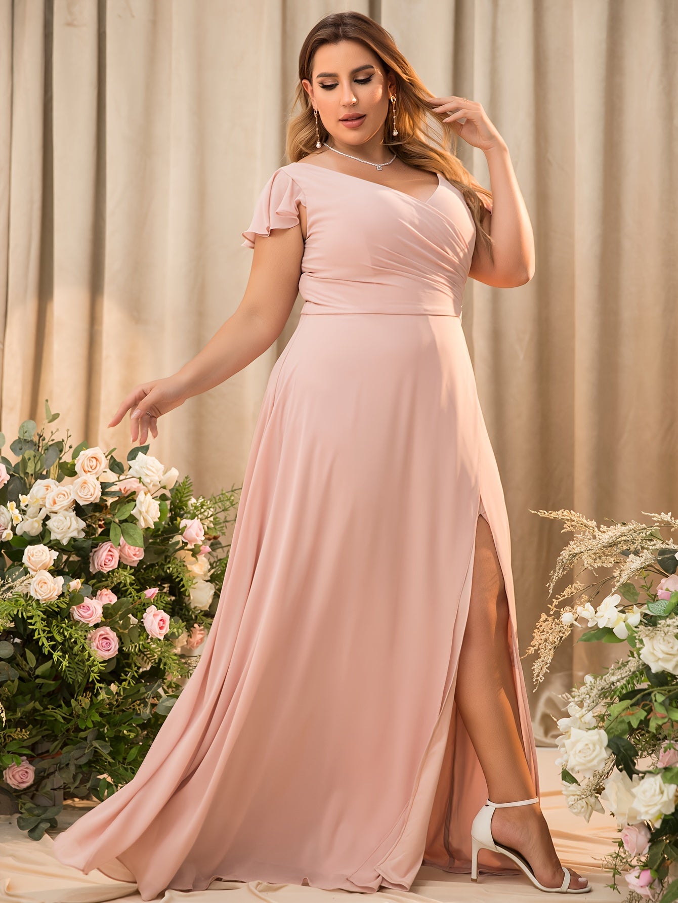 Plus Size Chiffon Bridesmaid Dress with Ruffle Sleeves V-Neck Gown