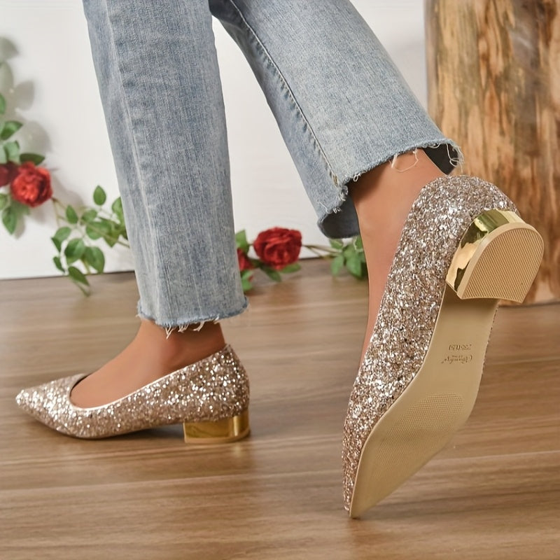 Women's Glittery Pointed Toe Flats with Low Heel and Rubber Sole