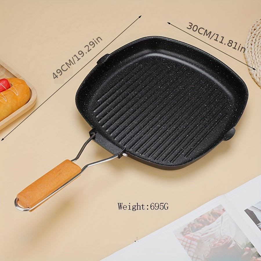 Cast Iron Skillet Non-Stick Grill Pan with Wooden Handle Oven Safe for Stoves