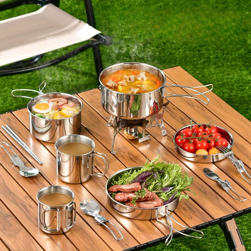 Stainless Steel Camping Cookware Set with Pots Pans Cups and Storage Bag