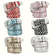 Men Women PU Belt Water Drill Skull Rivet Solid Color Stylish Accessory