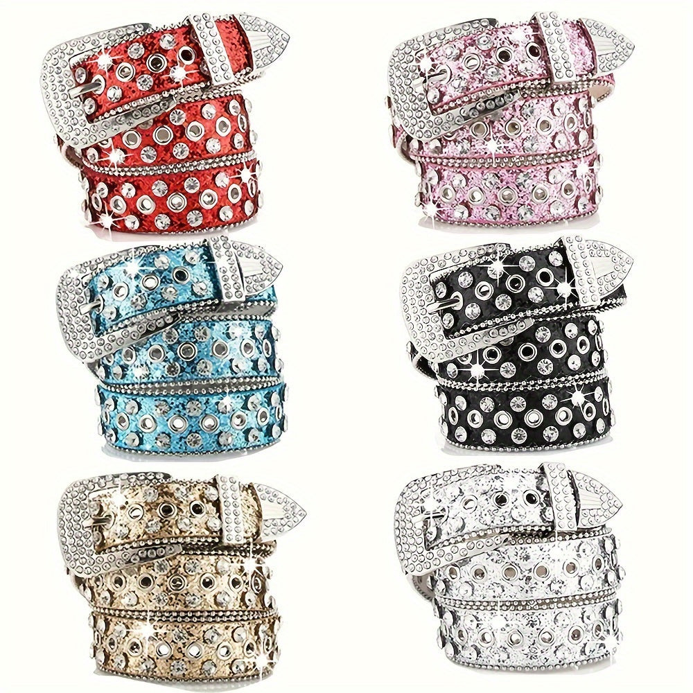 Men Women PU Belt Water Drill Skull Rivet Solid Color Stylish Accessory