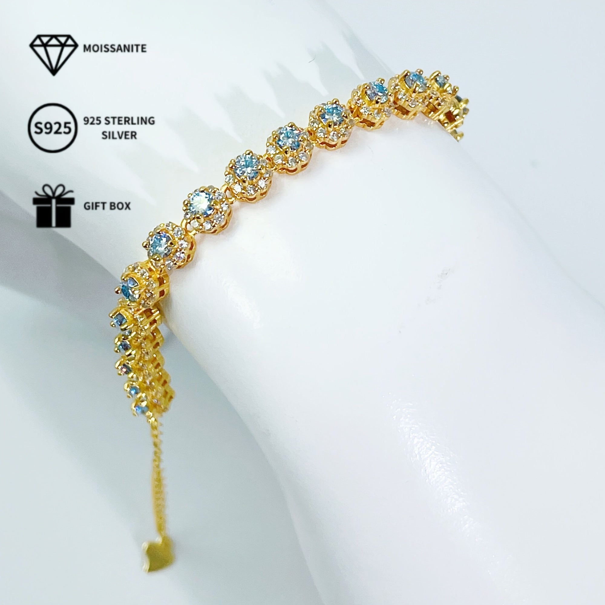 Sterling Silver Bracelet with Blue Moissanite 0.1 Carat for Engagement and Gift