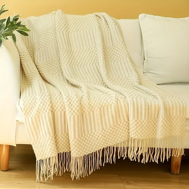 Soft Textured Throw Blanket Stain-Resistant Versatile Couch Bed Travel Green Tan 127x152cm