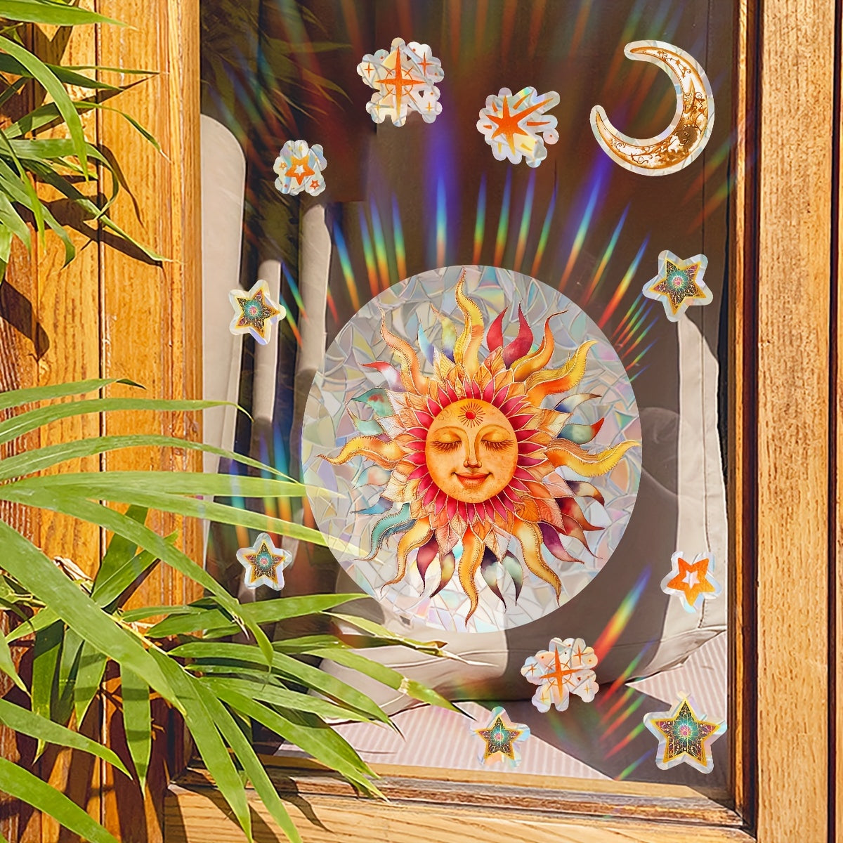 Double-Sided Sun Star Window Sticker, Colorful Static Glass Decal, 20cm