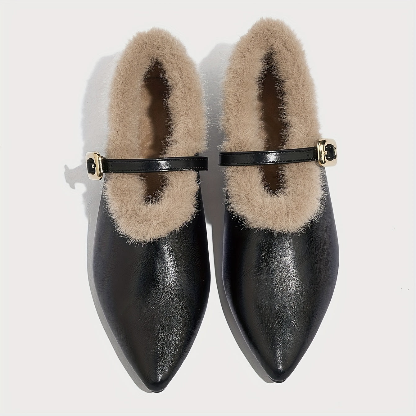 Women's Plush French-Style Pointed Toe Chunky Mary Jane Shoes Winter Insulated