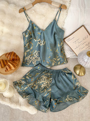 Women's Cherry Print Pajama Set with Ruffle Shorts 100% Polyester All-Season