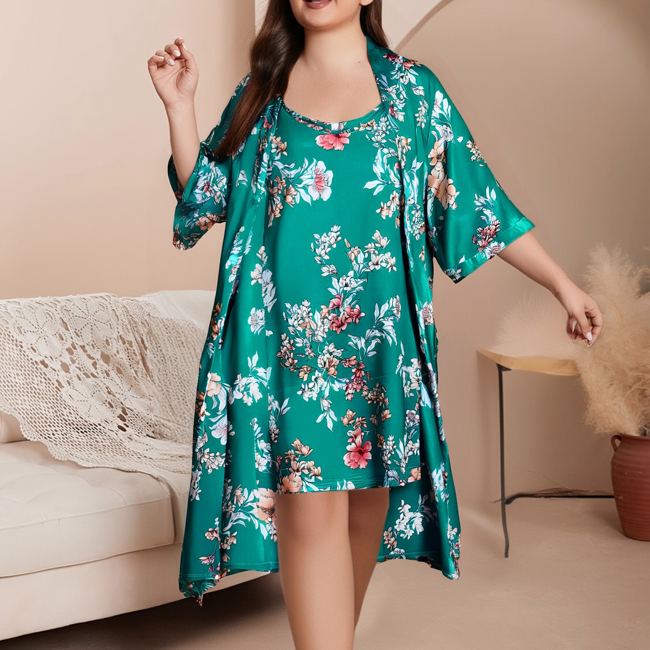 Plus Size Satin Leopard Print Pajama Set with Robe and Cami Dress