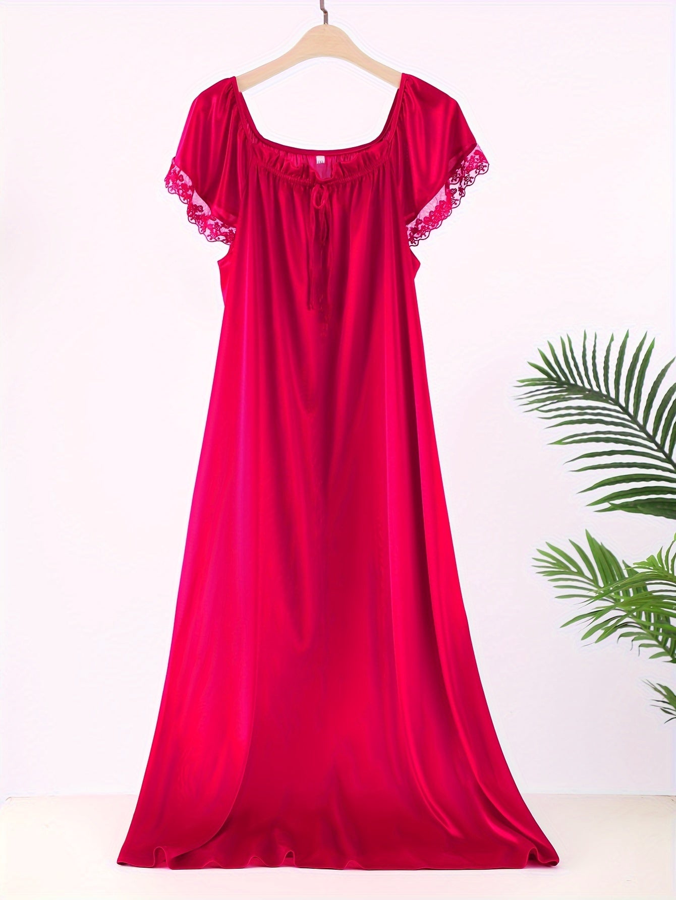 Women's Satin Sleep Dresses with Lace Trim Square Neck Short Sleeve Nightgowns in Red and Black Polyester Blend