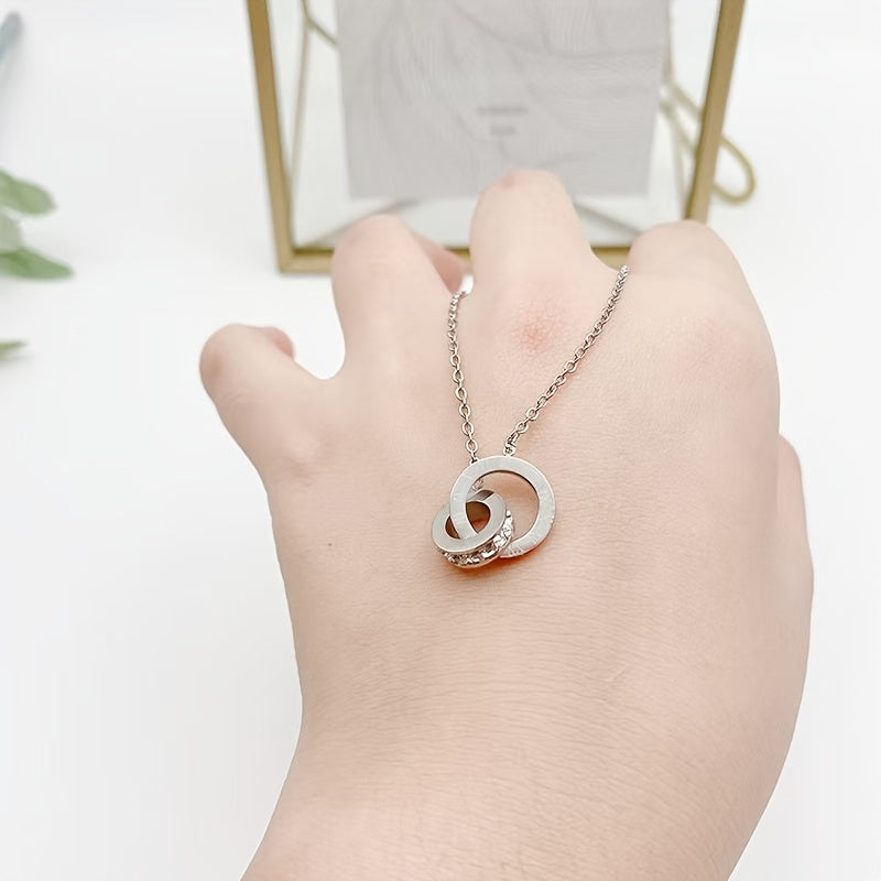 Women's Stainless Steel Bracelet with Double-Loop Roman Numerals and Zirconia