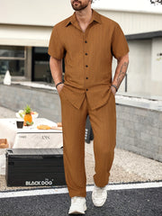 Men's Summer Casual 2-Piece Outfit Solid Color Shirt and Drawstring Pants