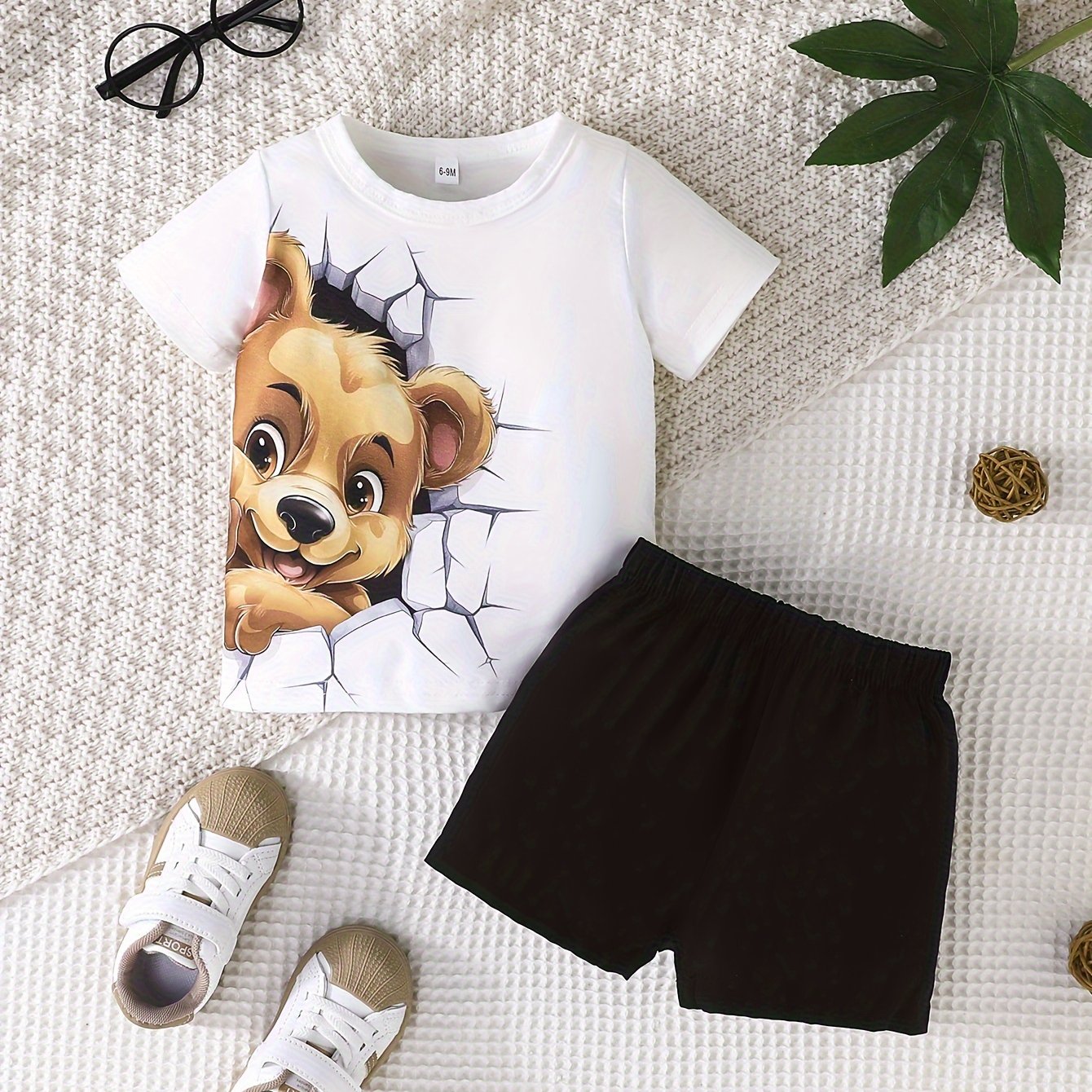Boys' Spring Fall Cartoon Dog Print T-Shirt and Orange Shorts Outfit Set