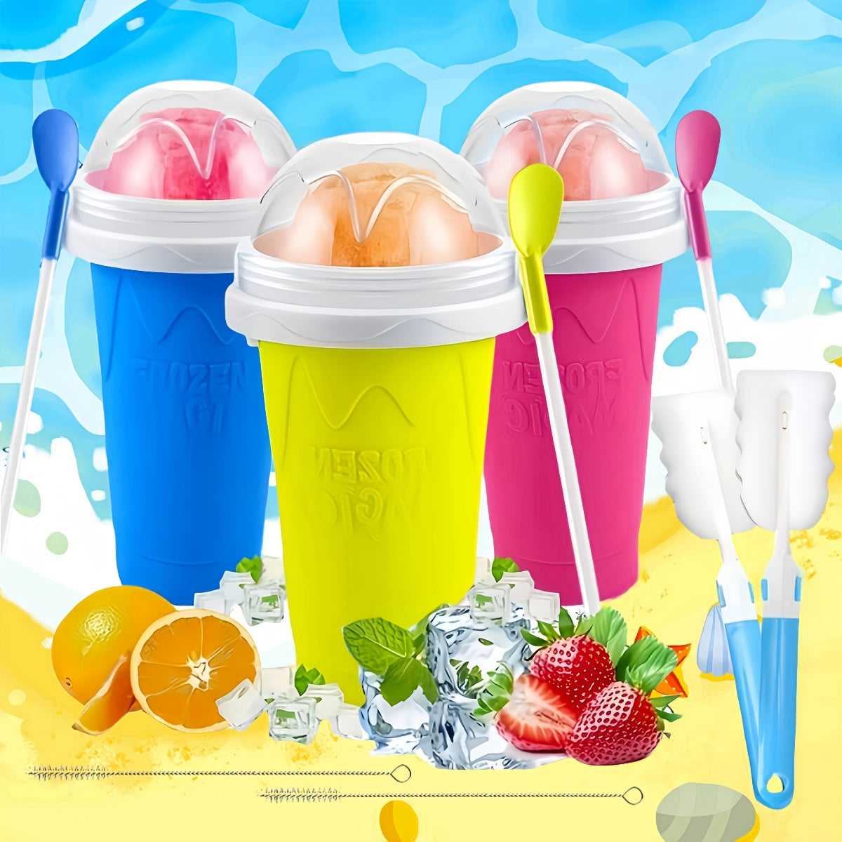 3 Slushie Maker Cups with Lids 2 Cup Brushes 2 Straw Brushes for Milkshakes