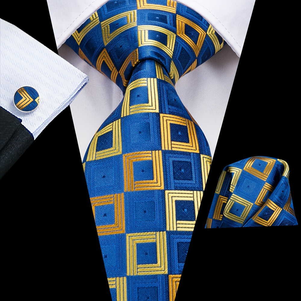Men's Plaid Necktie Set with Hanky and Cufflinks for Weddings Business and Parties