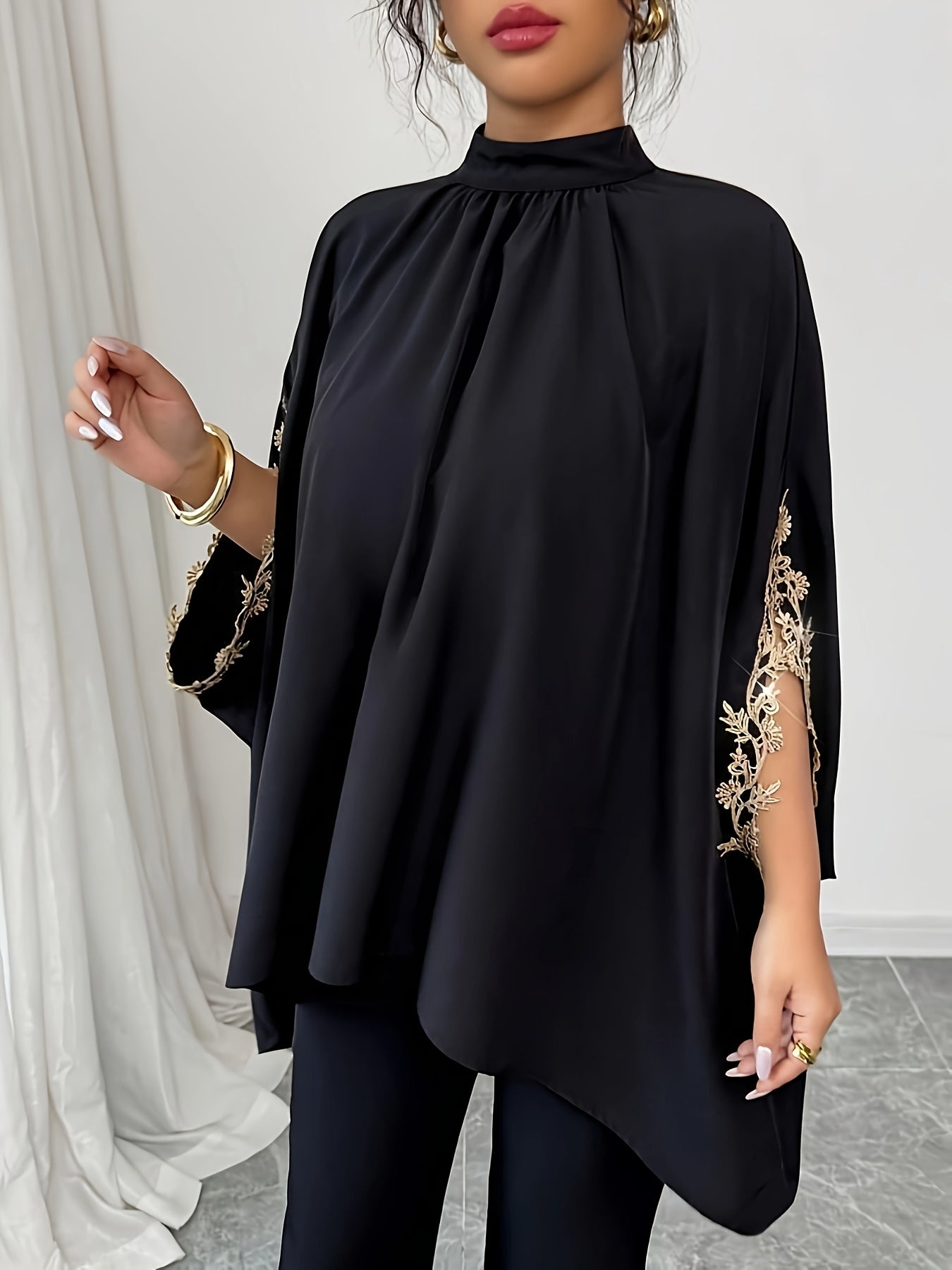 Plus Size Women's Blouse Black Puffed Sleeve Summer Casual Top