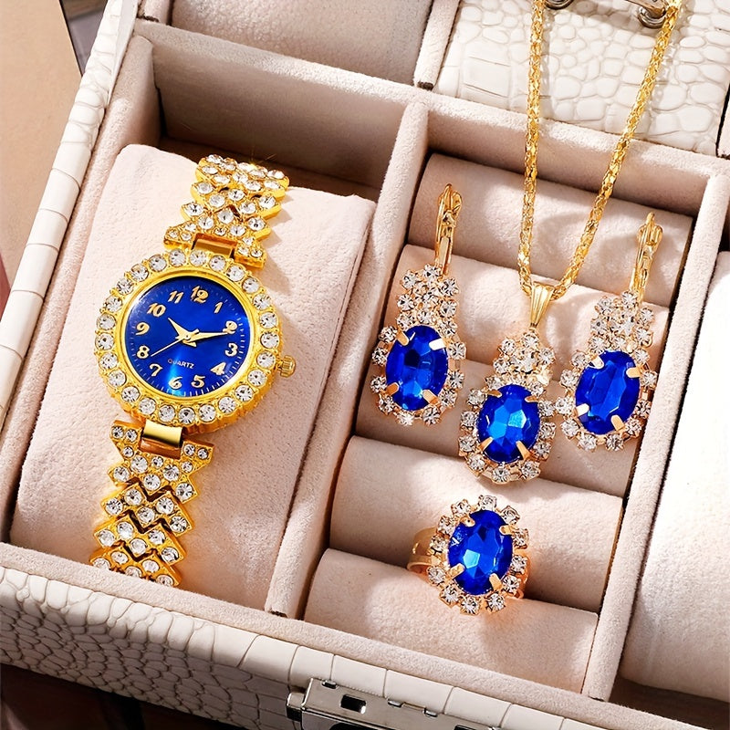 5 ta ayollar uchun rhinestone kvarts soatlari va mos keladigan zargarlik buyumlari sovgʻa to'plami