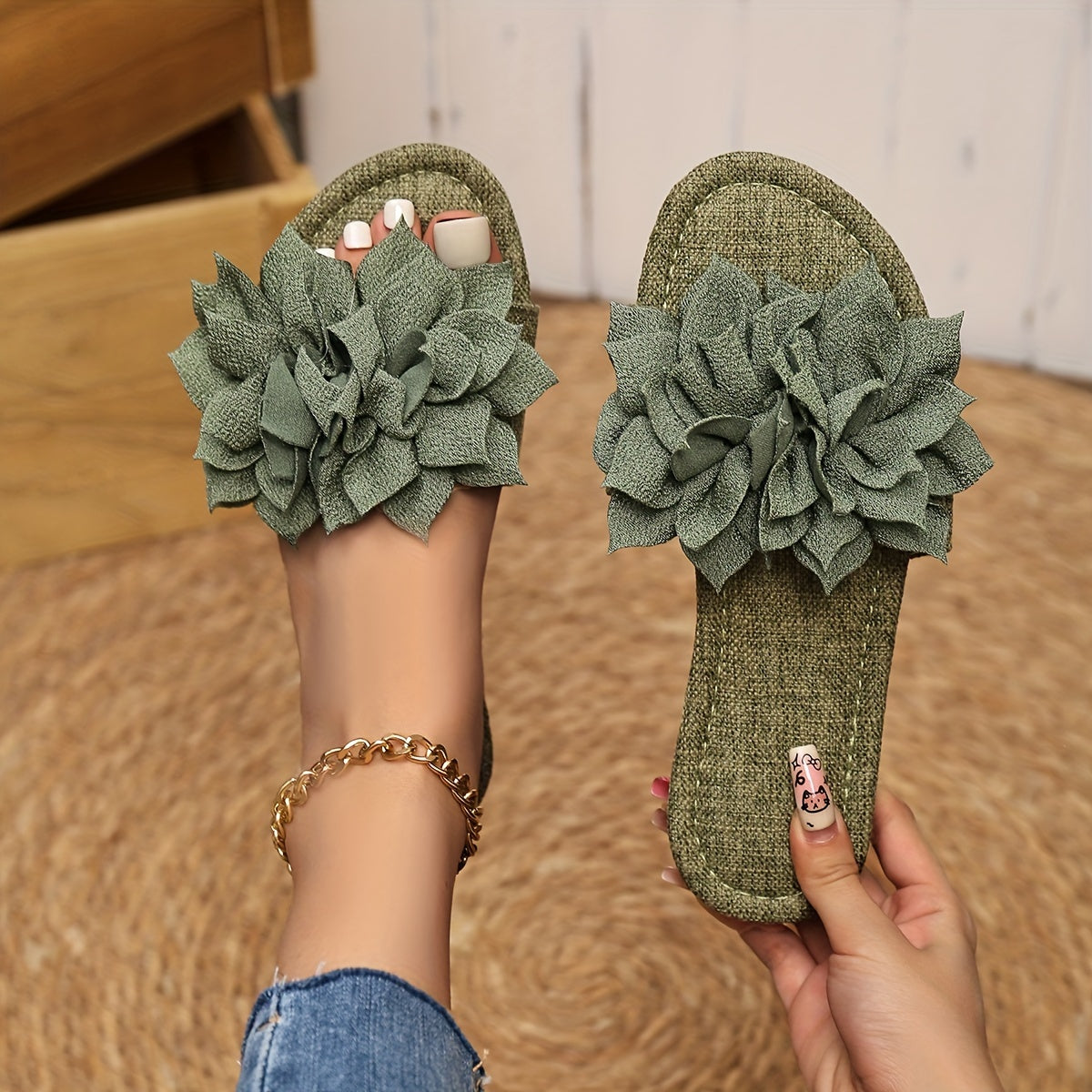 Женские цветочные льняные шлепанцы на плоской подошве, дышащие, зеленые