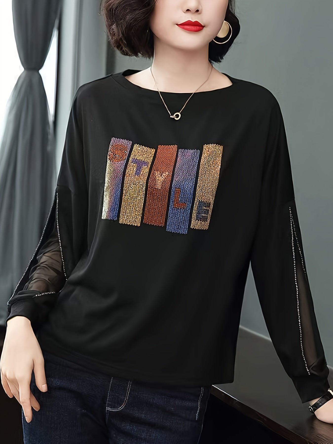 Women's Rhinestone Embellished Loose Fit Blouse with Letter Pattern Polyester Knit Mesh Panels Spring Fall