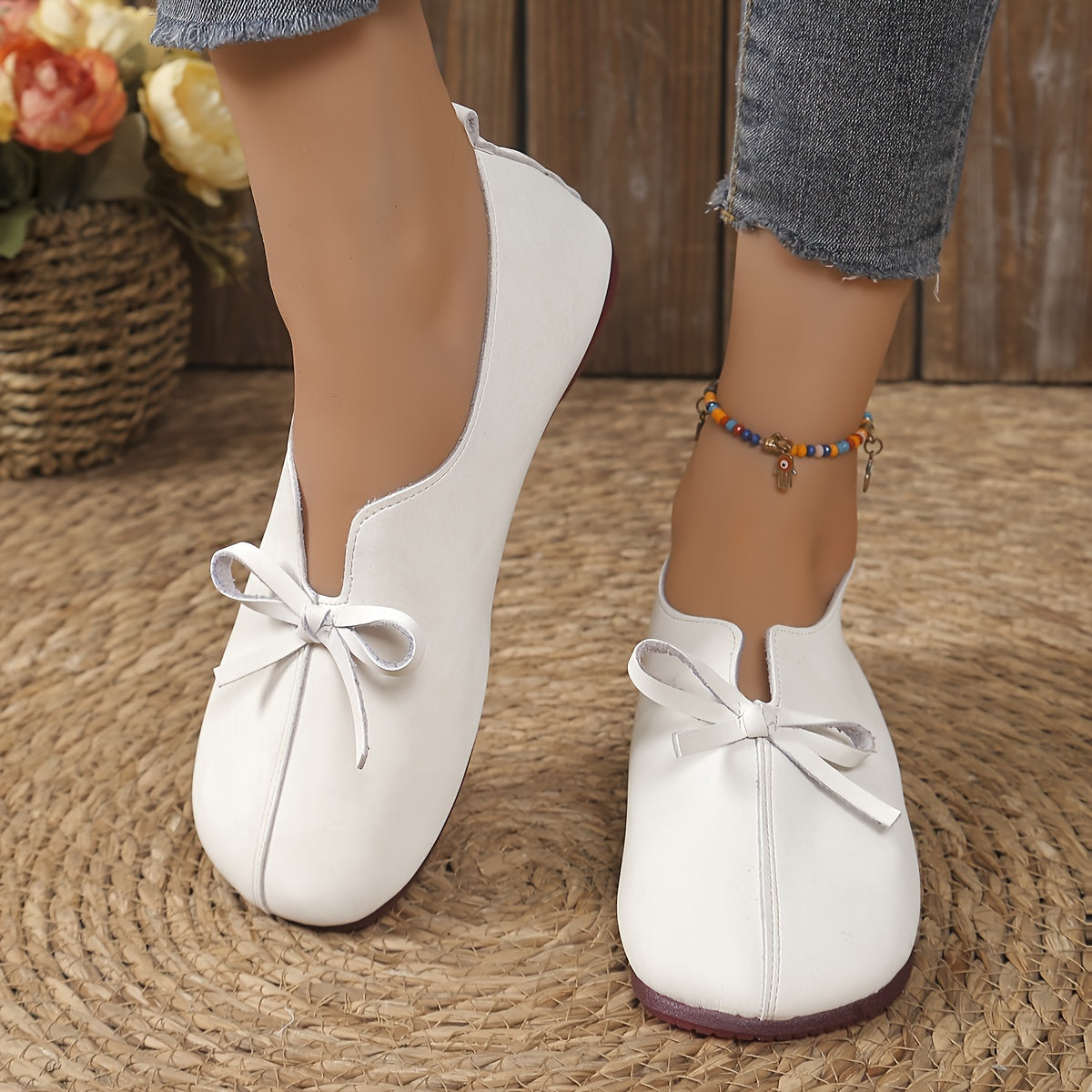 Women's Ballet Flats Solid Color Slip-On Shoes with Bow Accent