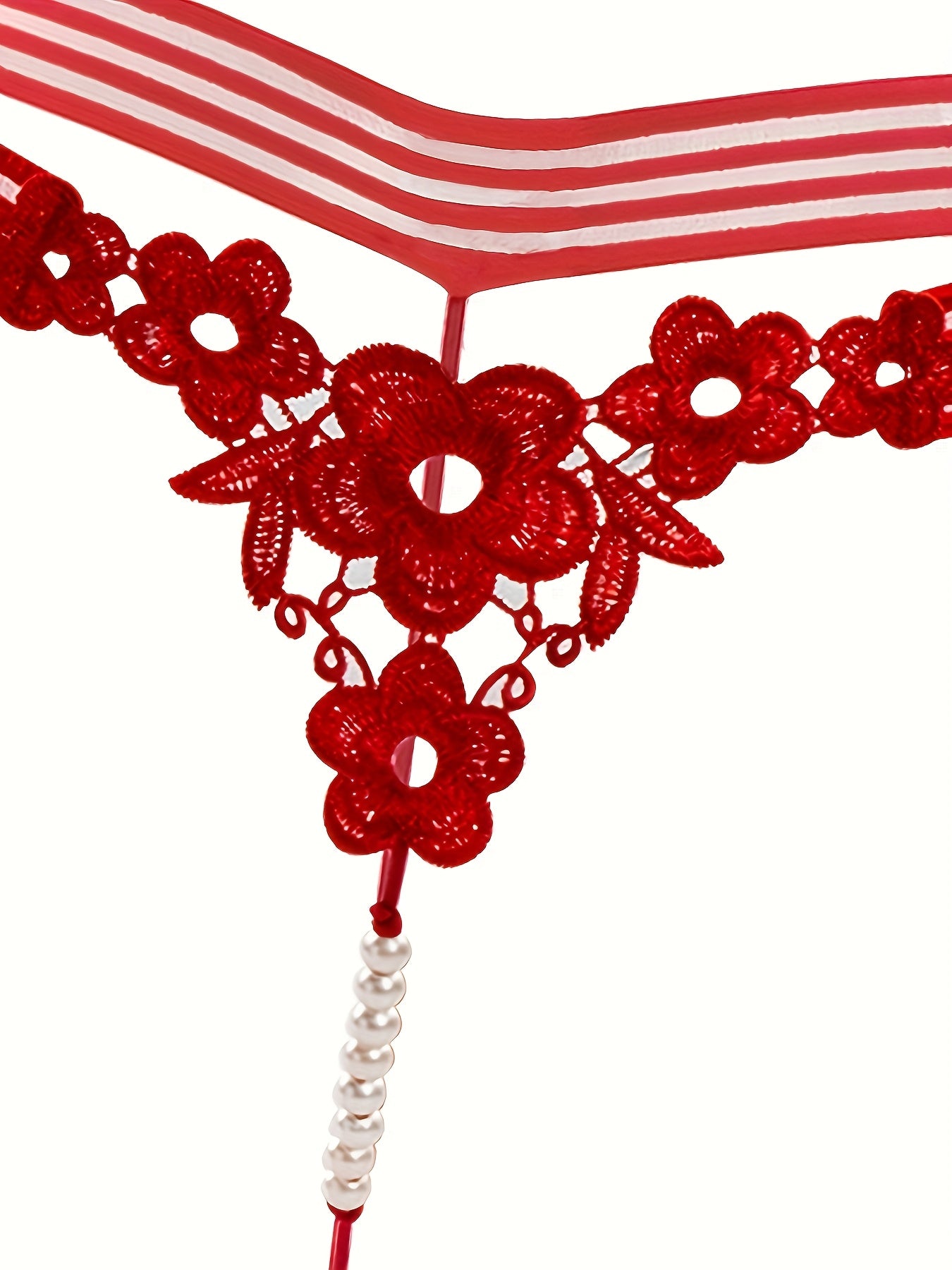 Women's Red Polyester Knit Thong Panties with Embroidered V-String and Drop Waist