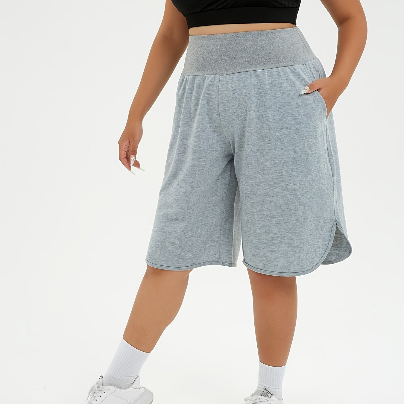 Plus Size High-Waisted Bermuda Shorts Navy Blue Loose Fit Stretchy Fabric