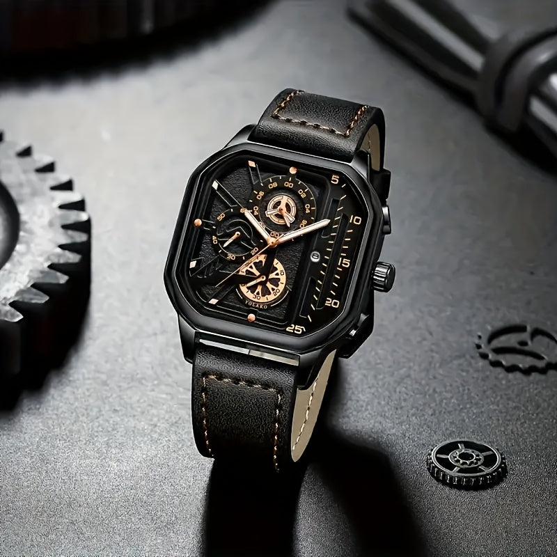 Men's Vintage Square Dial Chronograph Watch with Faux Leather Strap Quartz Movement Calendar