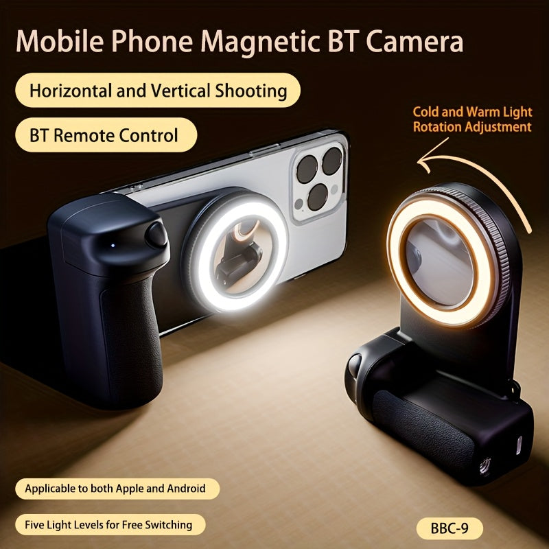 Mobile Phone Camera Handle with Detachable Magnetic Remote Shutter 360° Rotation Self-Lighting