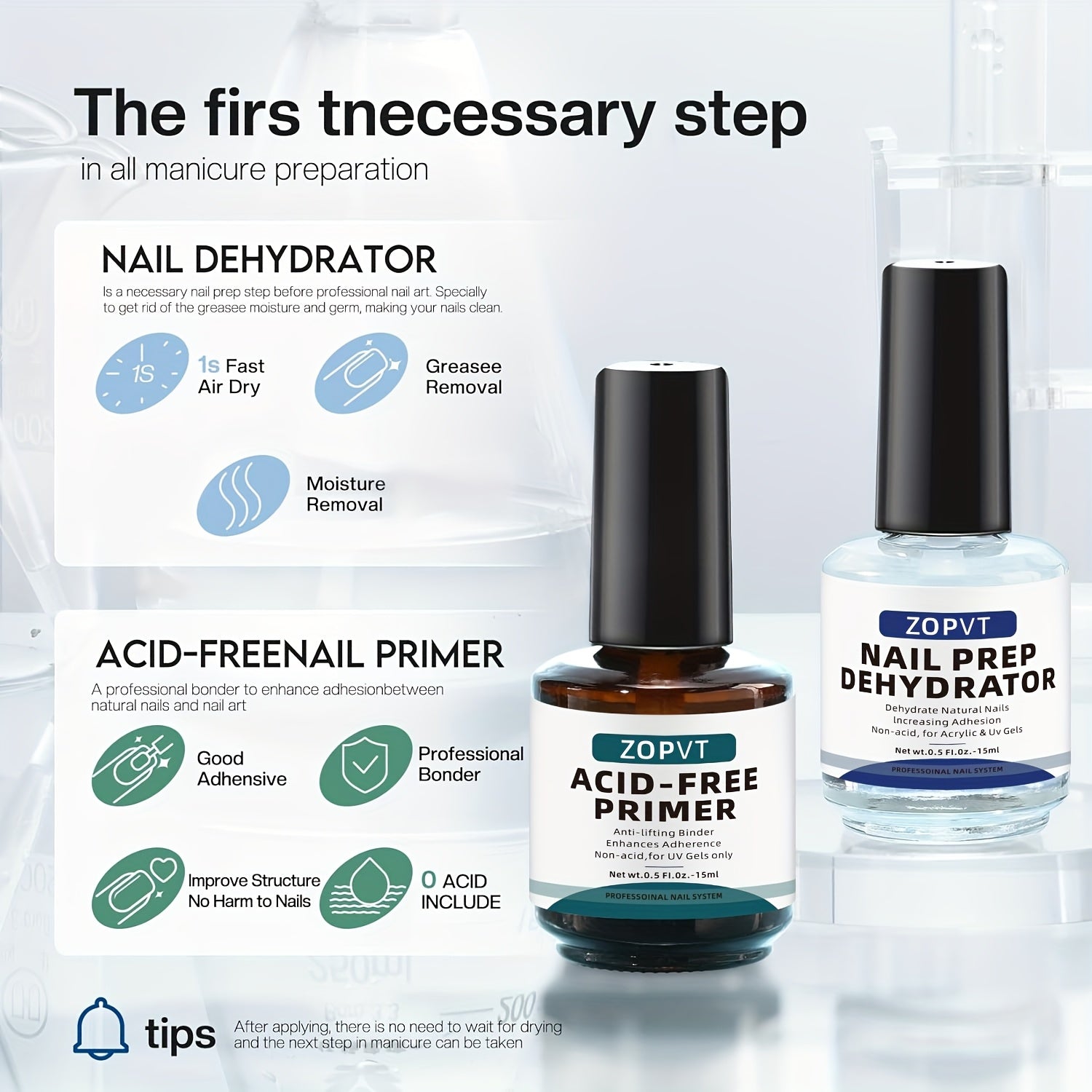 Professional tabiiy tirnoq tayyorlash dehidratatori va akril va gel laklar uchun kislota bo'lmagan asosiy qoplama. Shaxsiy tirnoq salonlari va UV gel ilovalari uchun ideal.