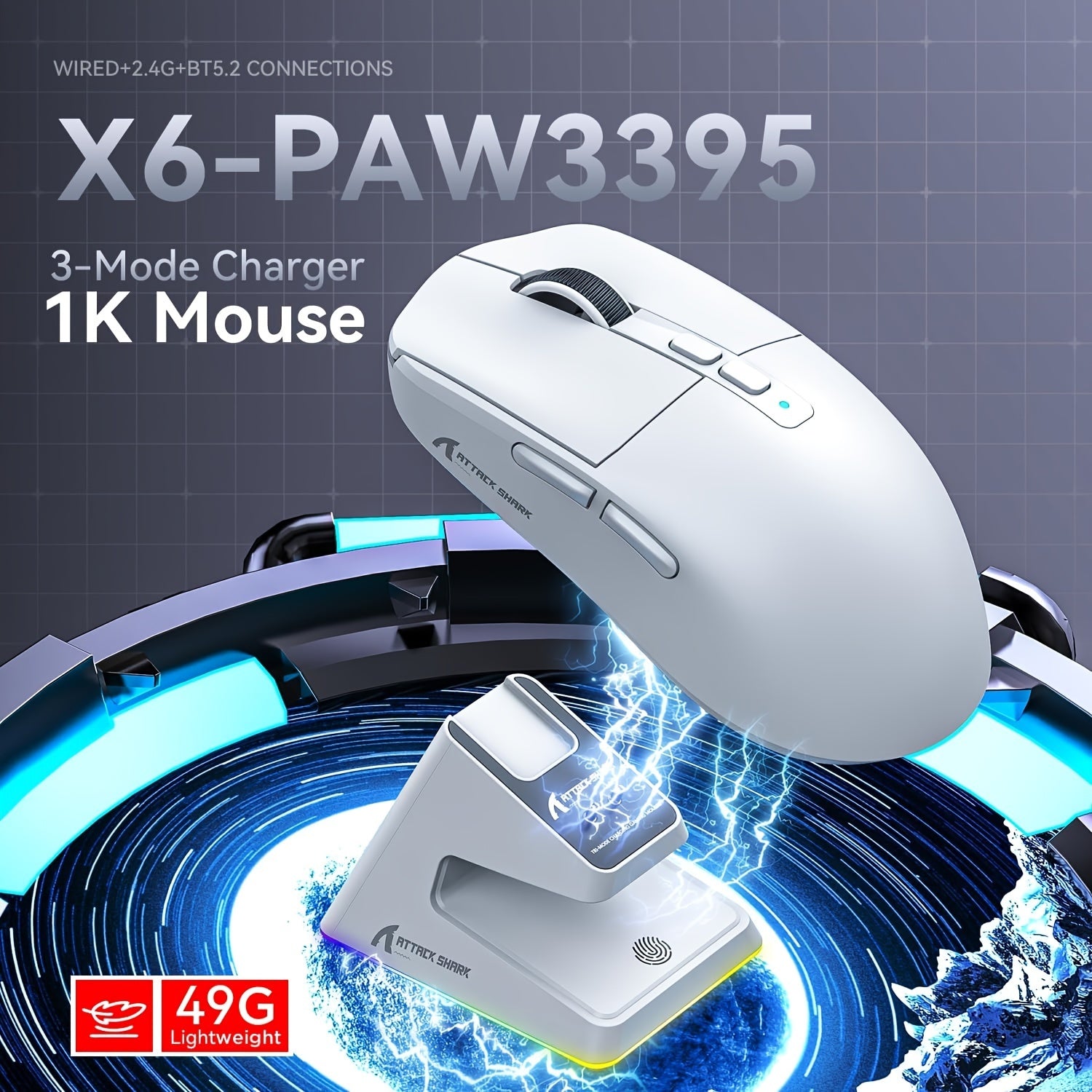 "Attack Shark X6 Superlight Gaming Mouse with Magnetic Charging Dock, PixArt PAW3395 Sensor, Ambidextrous, for Windows, Xbox, PS, Mac - 300mAh Rechargeable Battery, Type-C USB Charging"