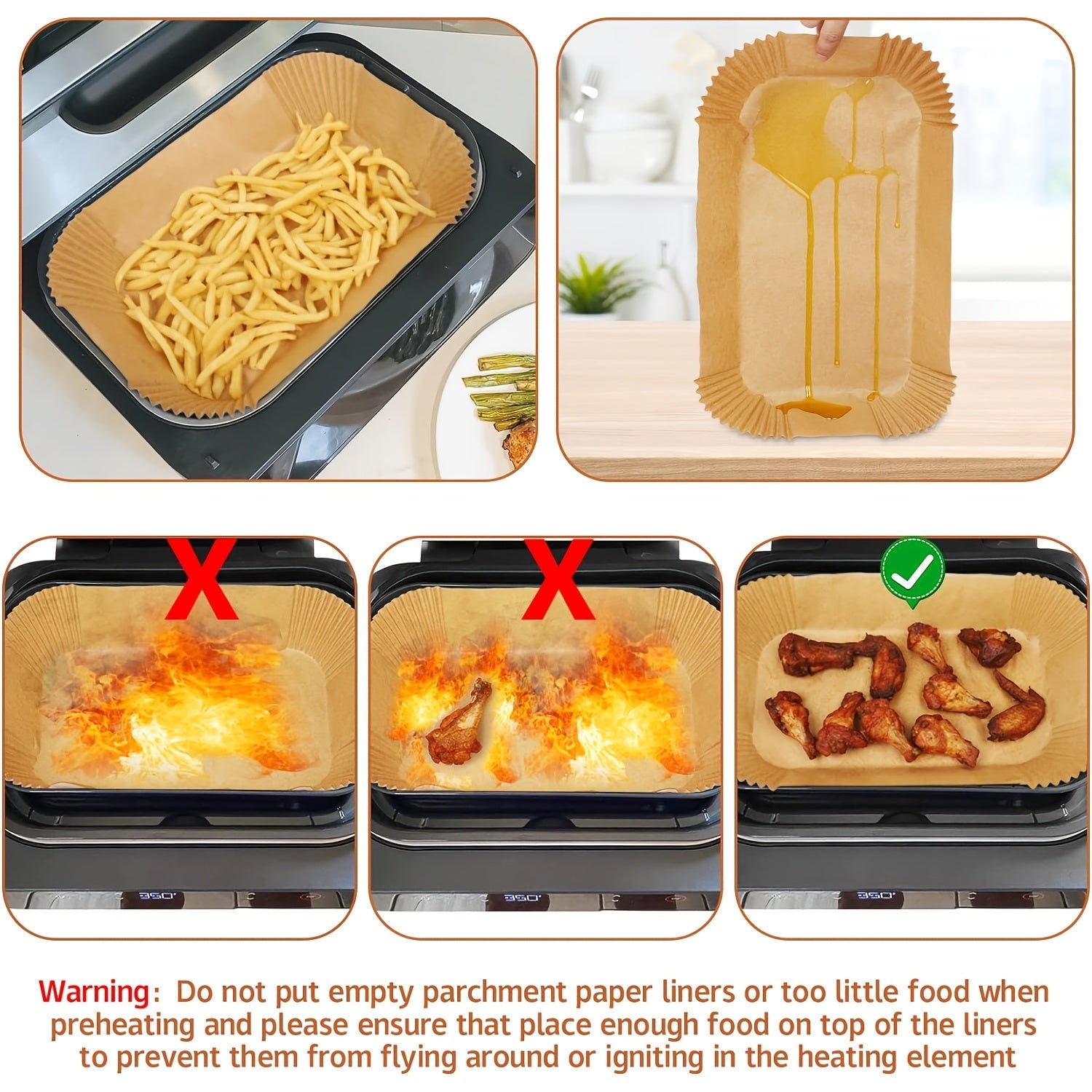 Rectangular Paper Tray for Air Fryers with Oil Blotting Sheets and Baking Liners