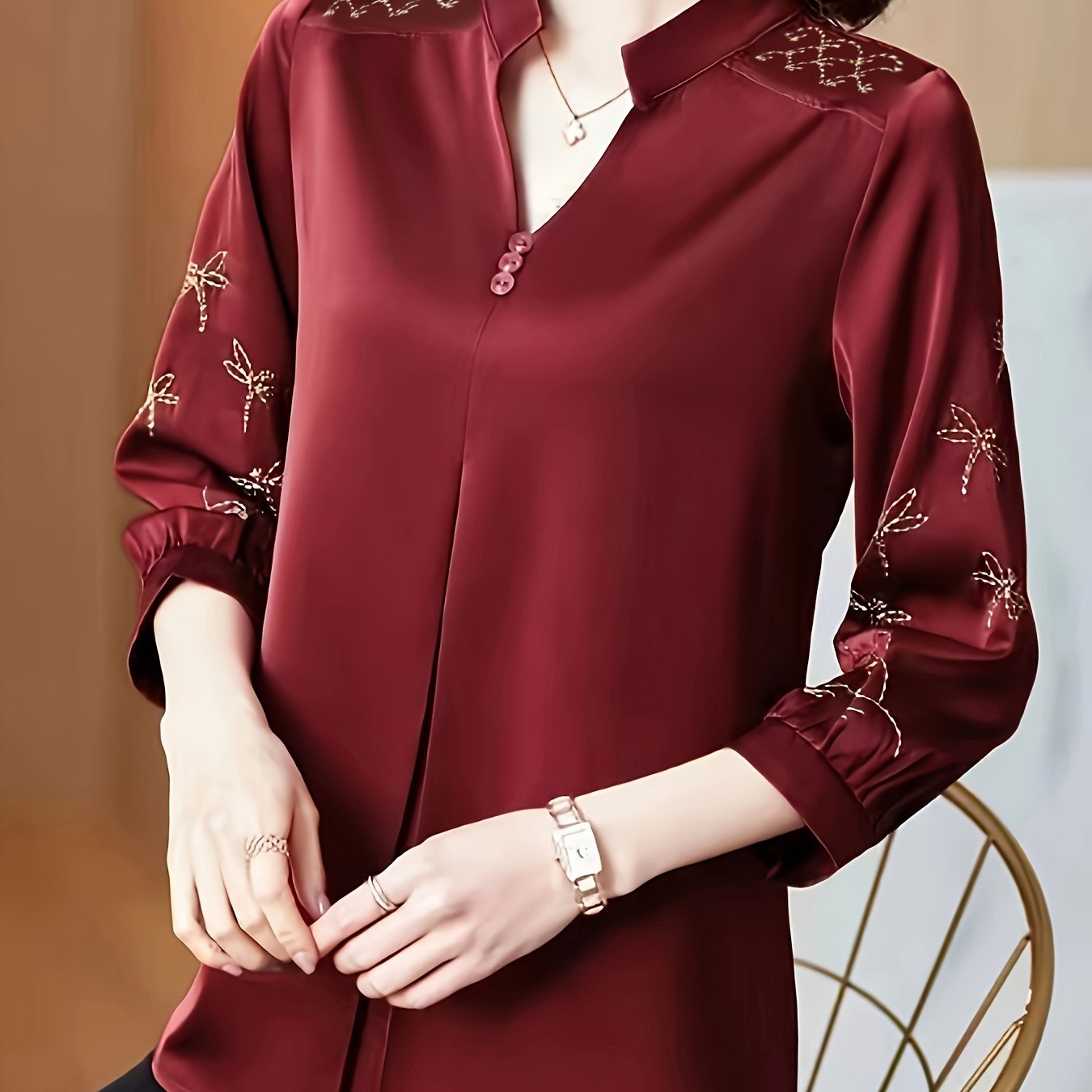 Women's Embroidered Notched Neck Blouse with 3/4 Sleeves for Spring and Fall