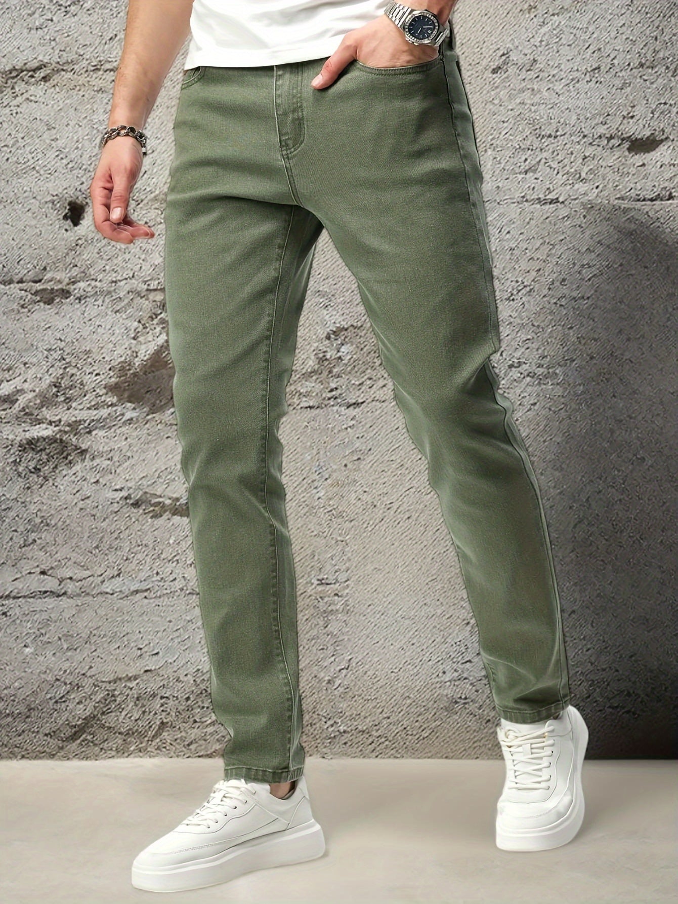 Men's Slim Fit Denim Jeans Solid Color Casual Stretch Woven All-Season