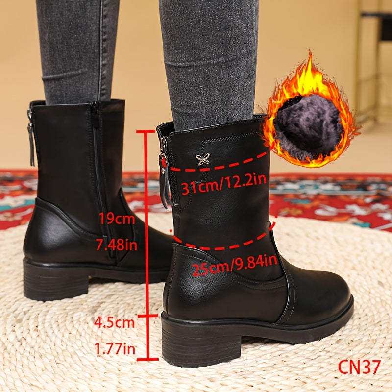 Женские черные кожаные сапоги с платформой до середины икры и застежкой-молнией