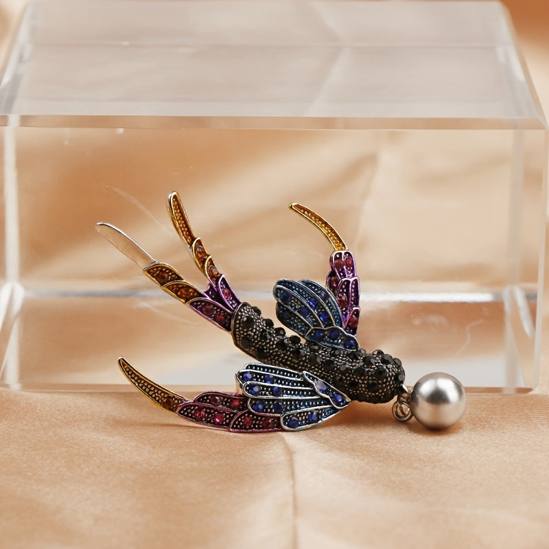 Ladies Rhinestone Brooch Pin with Crystal Animal Design and Faux Pearl Details