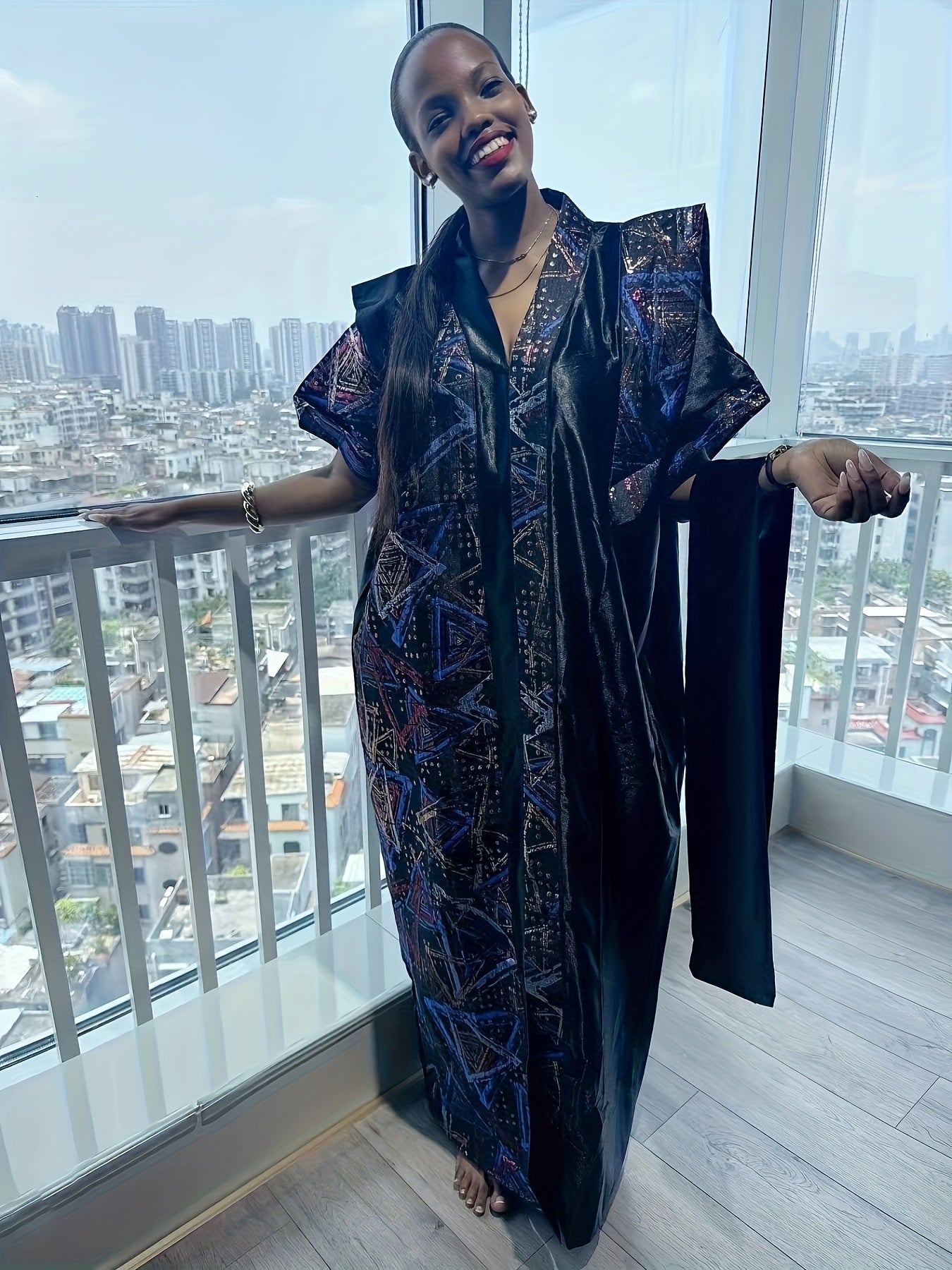 Plus Size V-Neck Jacquard Robe Traditional African Style All Seasons